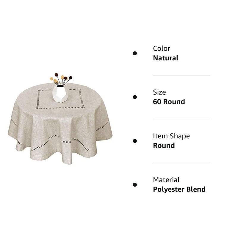 Grelucgo Handmade Double Hemstitch Natural Tablecloth, Round 60 Inch - Image 4